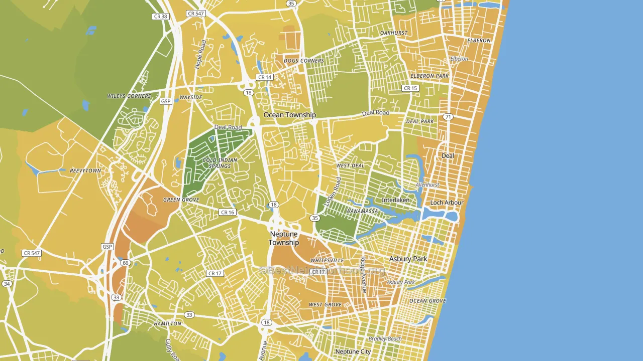 Map of the best neighborhoods in the 07712 area, with better matches in green and worse matches in red