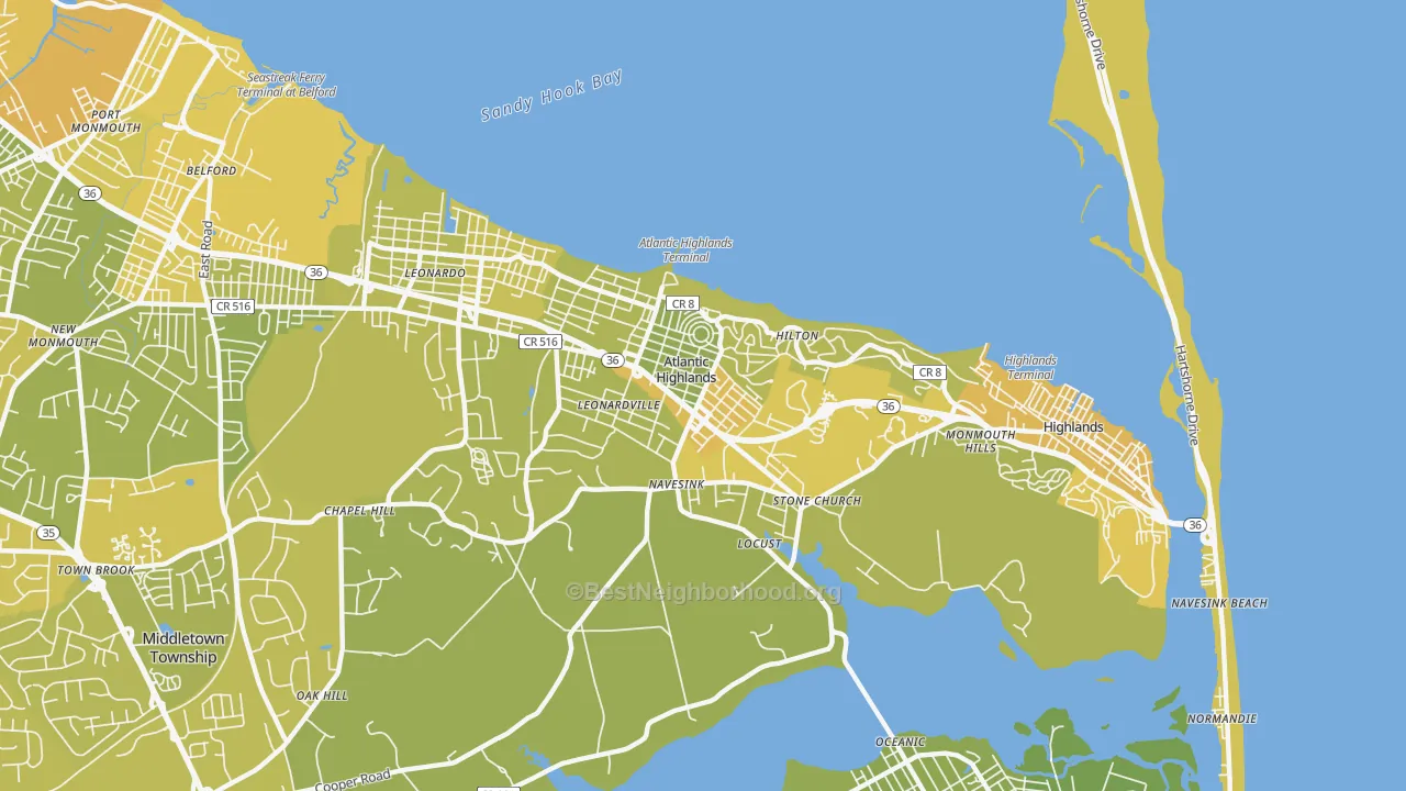 Map of the best neighborhoods in the 07716 area, with better matches in green and worse matches in red