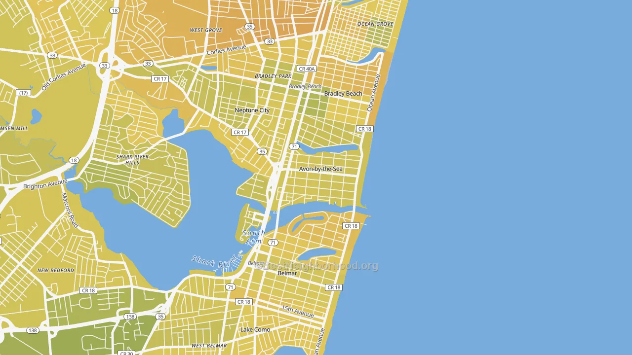 Map of the best neighborhoods in the 07717 area, with better matches in green and worse matches in red
