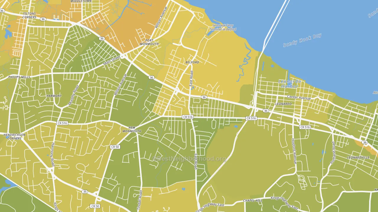Map of the best neighborhoods in the 07718 area, with better matches in green and worse matches in red