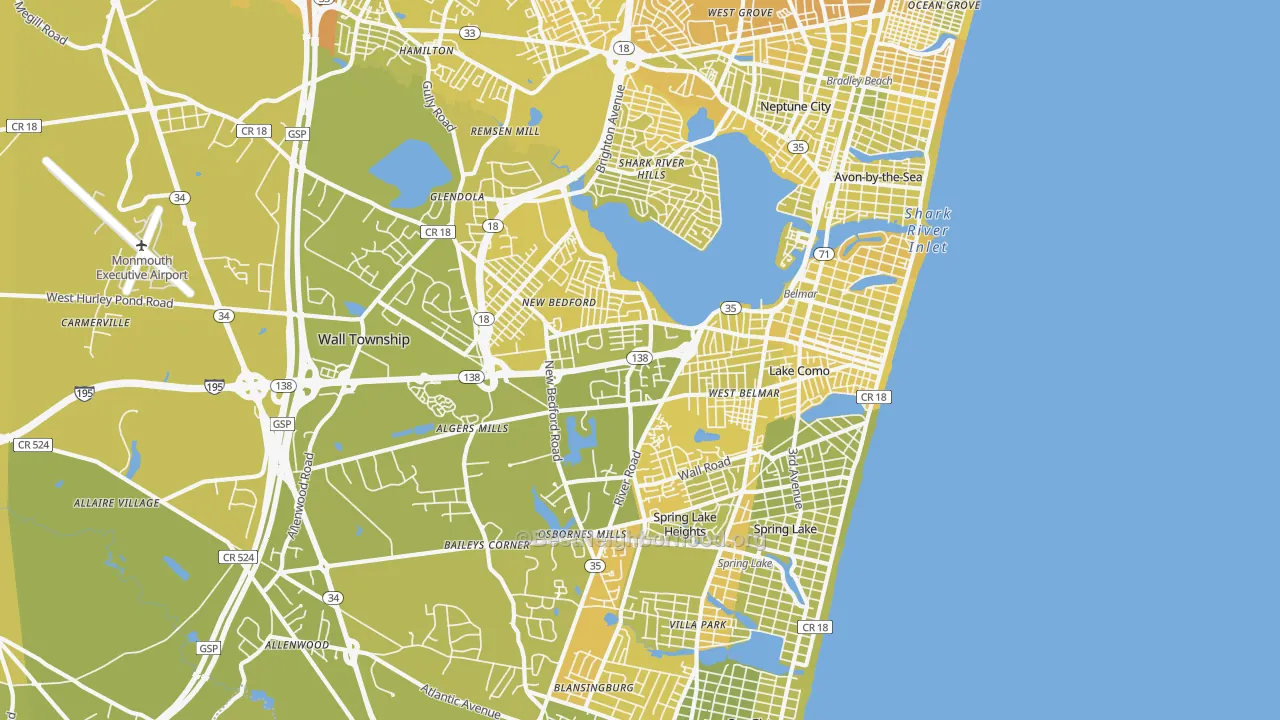 Map of the best neighborhoods in the 07719 area, with better matches in green and worse matches in red