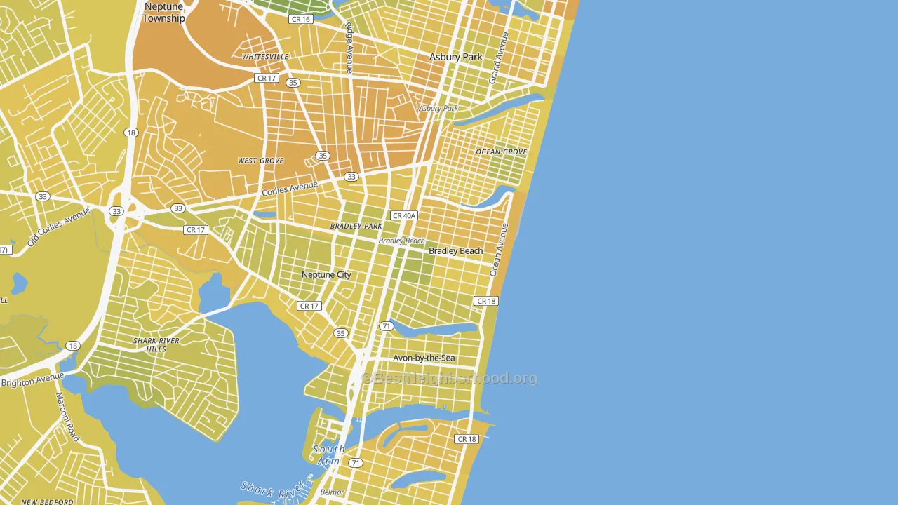 Map of the best neighborhoods in the 07720 area, with better matches in green and worse matches in red