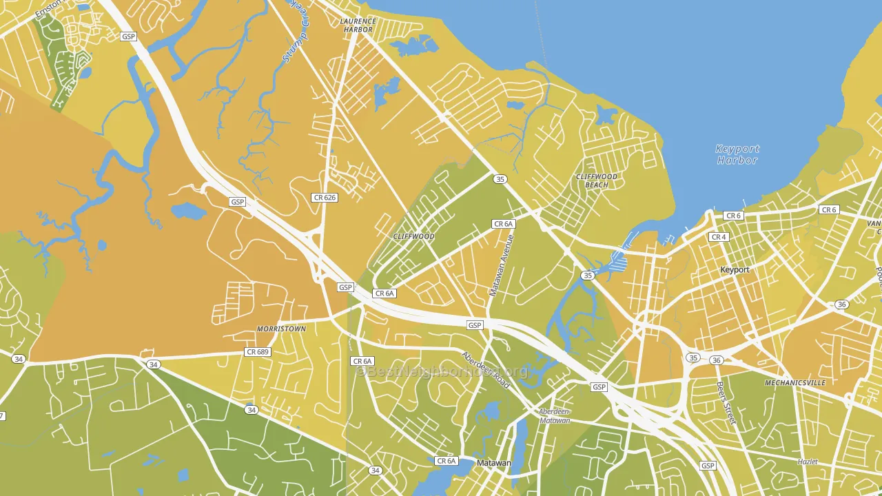 Map of the best neighborhoods in the 07721 area, with better matches in green and worse matches in red