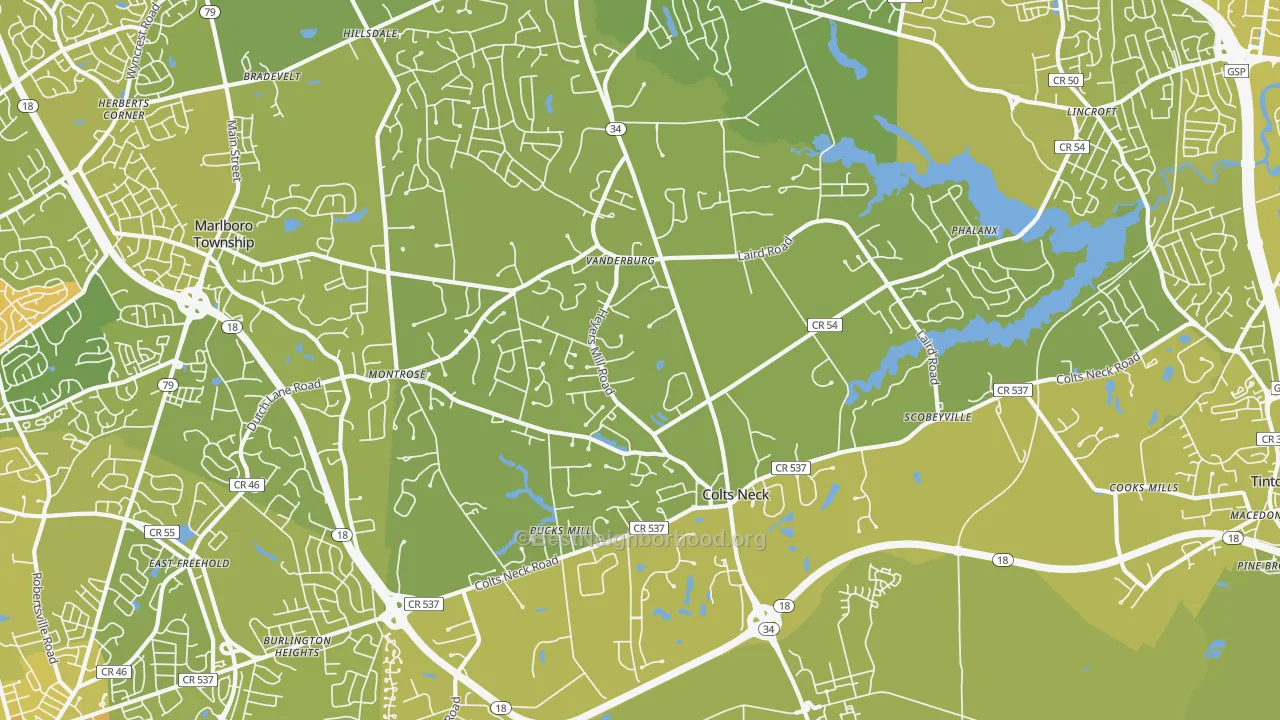 Map of the best neighborhoods in the 07722 area, with better matches in green and worse matches in red