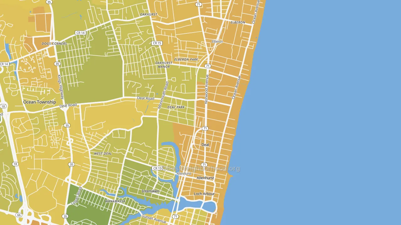 Map of the best neighborhoods in the 07723 area, with better matches in green and worse matches in red