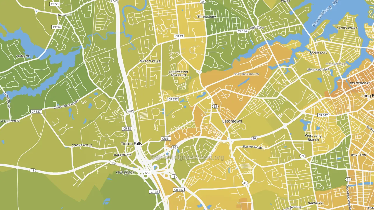 Map of the best neighborhoods in the 07724 area, with better matches in green and worse matches in red