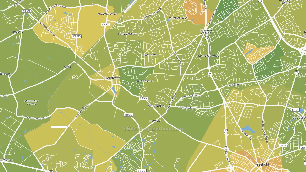 Map of the best neighborhoods in the 07726 area, with better matches in green and worse matches in red