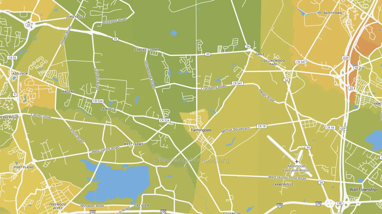 Map of the best neighborhoods in the 07727 area, with better matches in green and worse matches in red