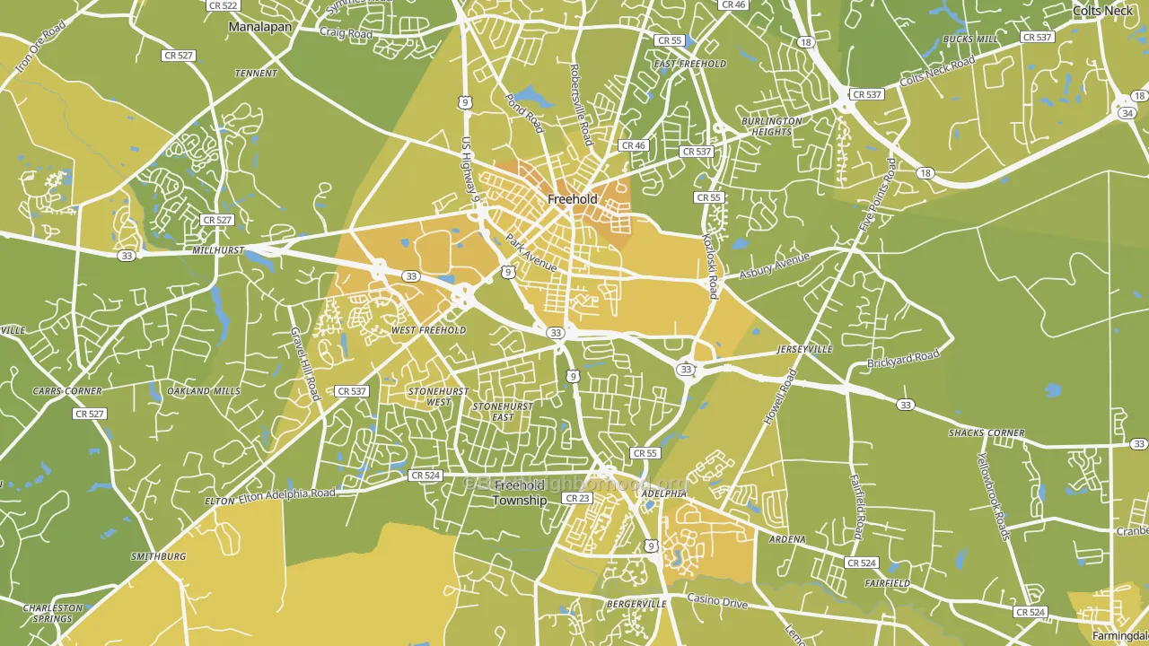 Map of the best neighborhoods in the 07728 area, with better matches in green and worse matches in red