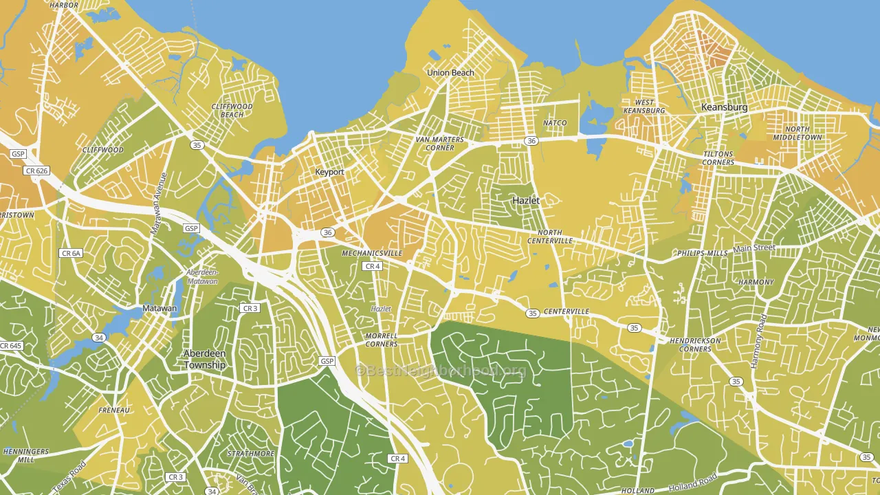 Map of the best neighborhoods in the 07730 area, with better matches in green and worse matches in red