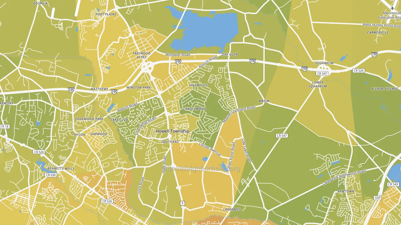 Map of the best neighborhoods in the 07731 area, with better matches in green and worse matches in red