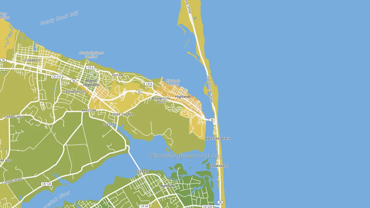 Map of the best neighborhoods in the 07732 area, with better matches in green and worse matches in red