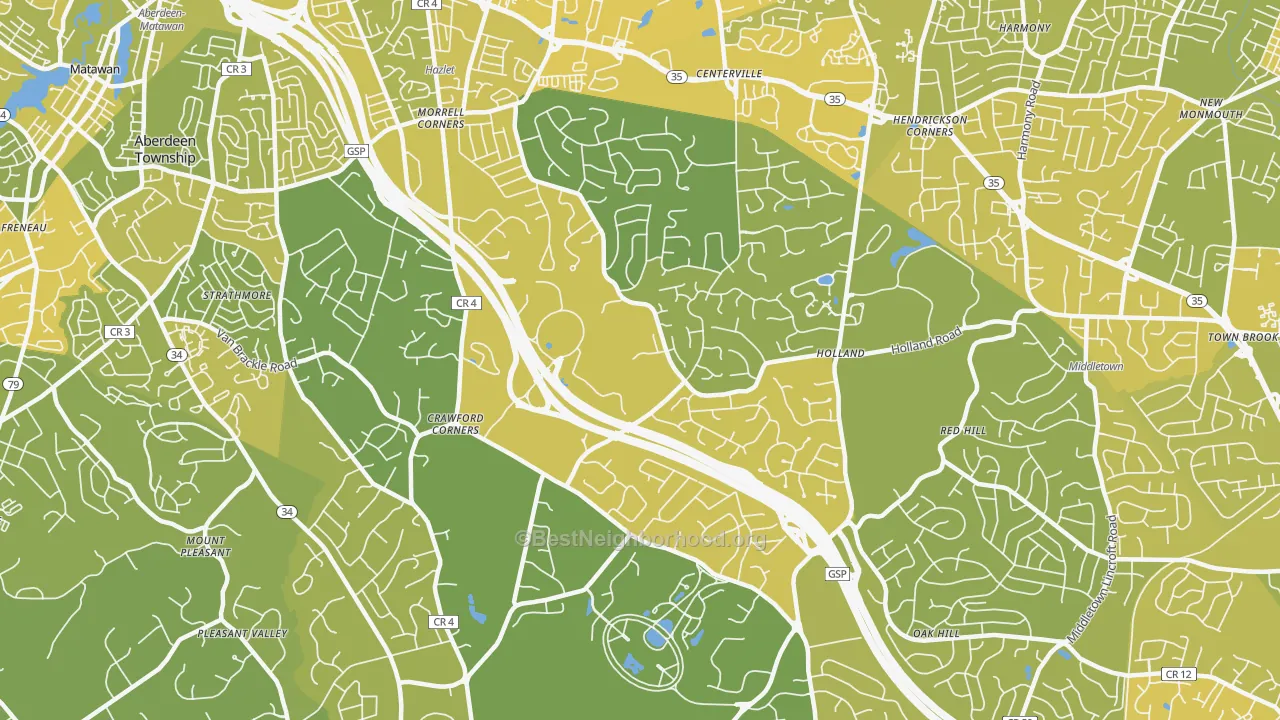 Map of the best neighborhoods in the 07733 area, with better matches in green and worse matches in red