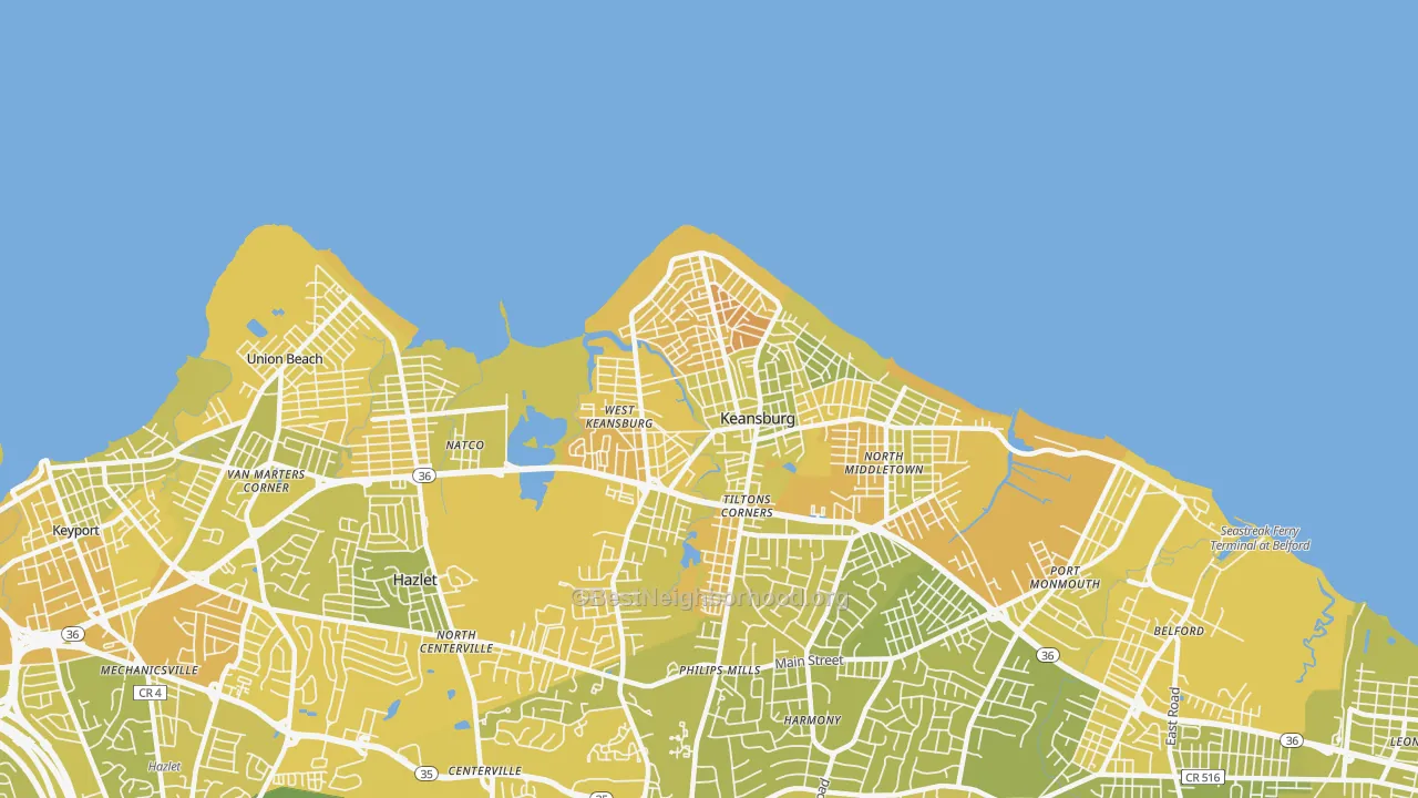 Map of the best neighborhoods in the 07734 area, with better matches in green and worse matches in red