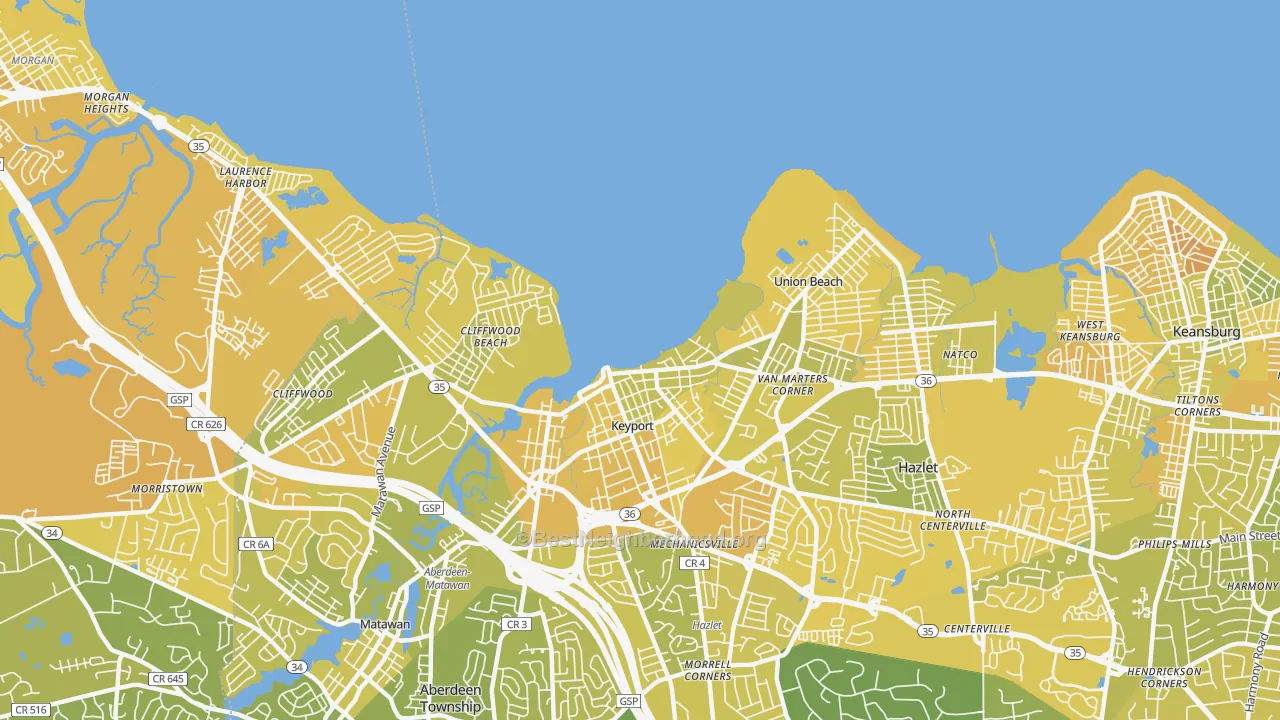 Map of the best neighborhoods in the 07735 area, with better matches in green and worse matches in red