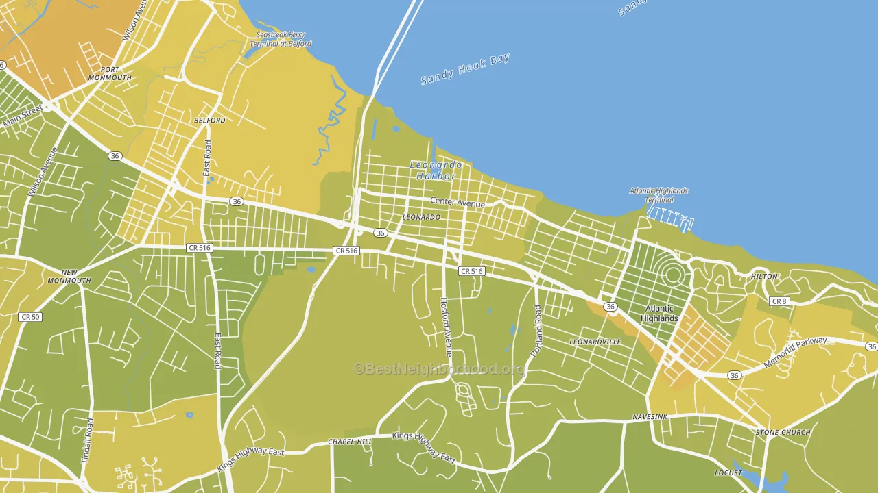 Map of the best neighborhoods in the 07737 area, with better matches in green and worse matches in red