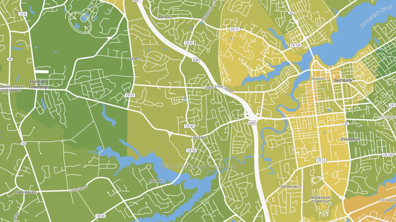 Map of the best neighborhoods in the 07738 area, with better matches in green and worse matches in red