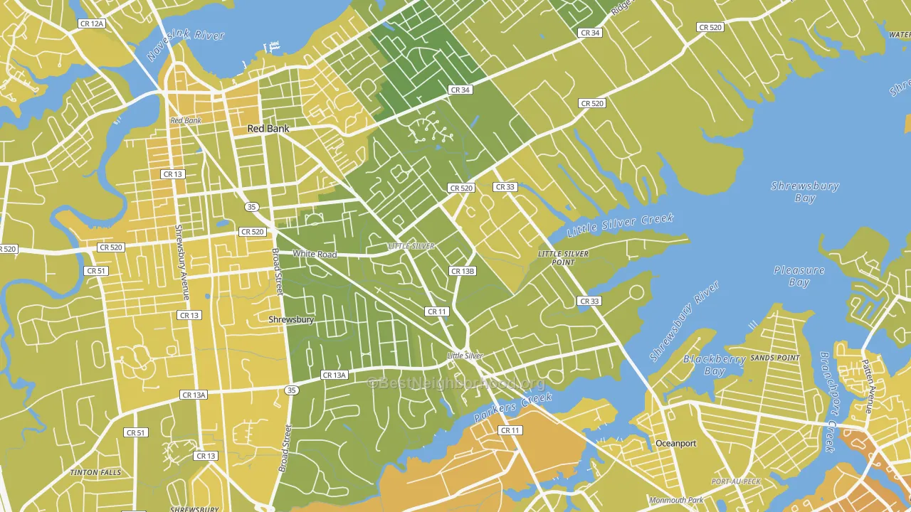 Map of the best neighborhoods in the 07739 area, with better matches in green and worse matches in red