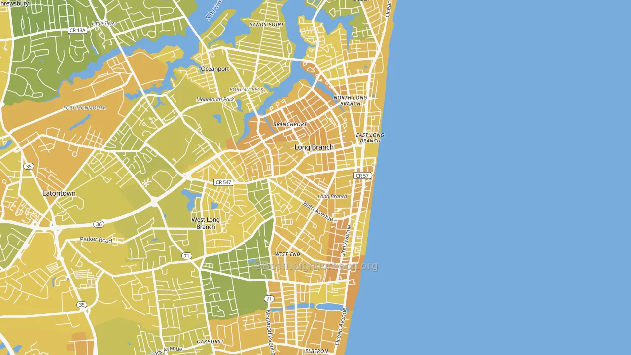 Map of the best neighborhoods in the 07740 area, with better matches in green and worse matches in red