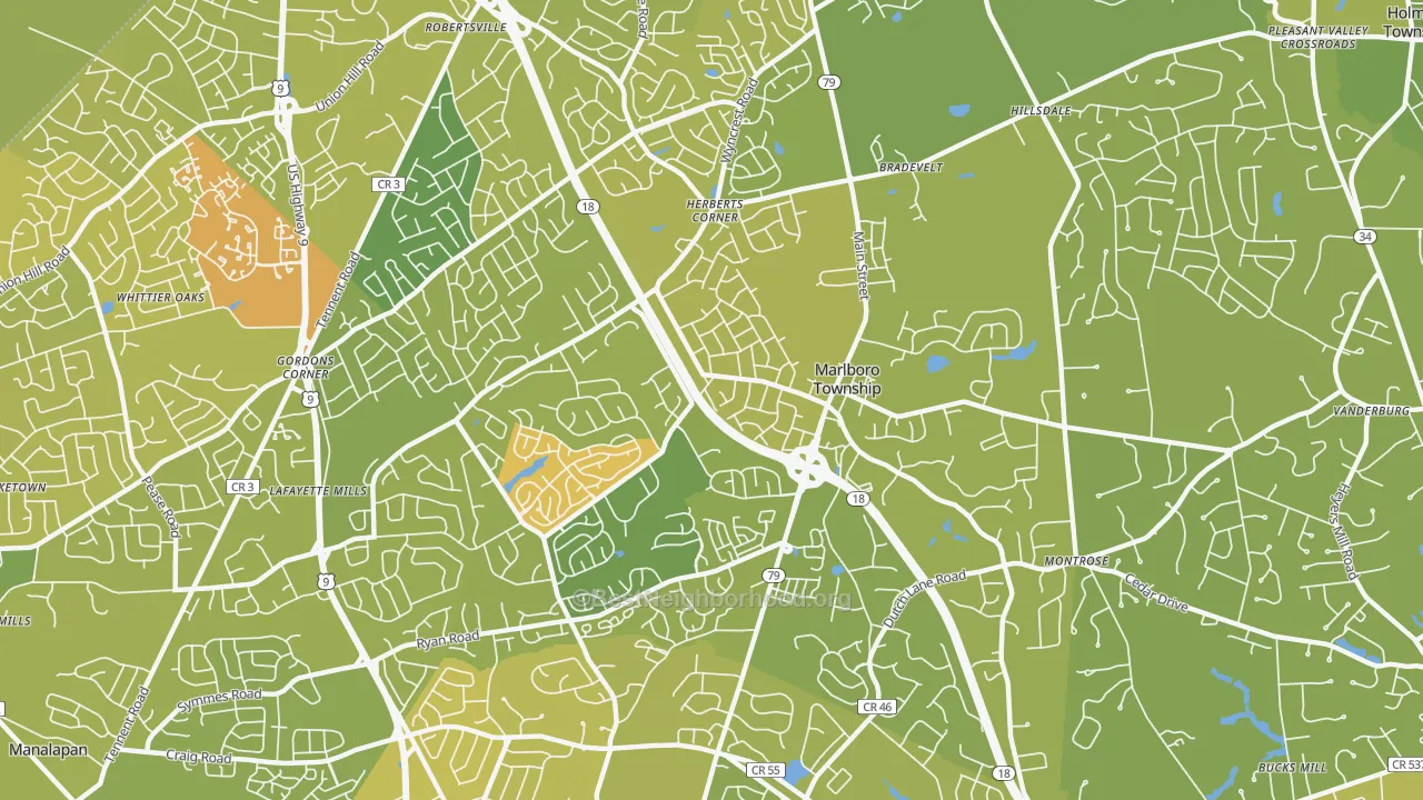Map of the best neighborhoods in the 07746 area, with better matches in green and worse matches in red