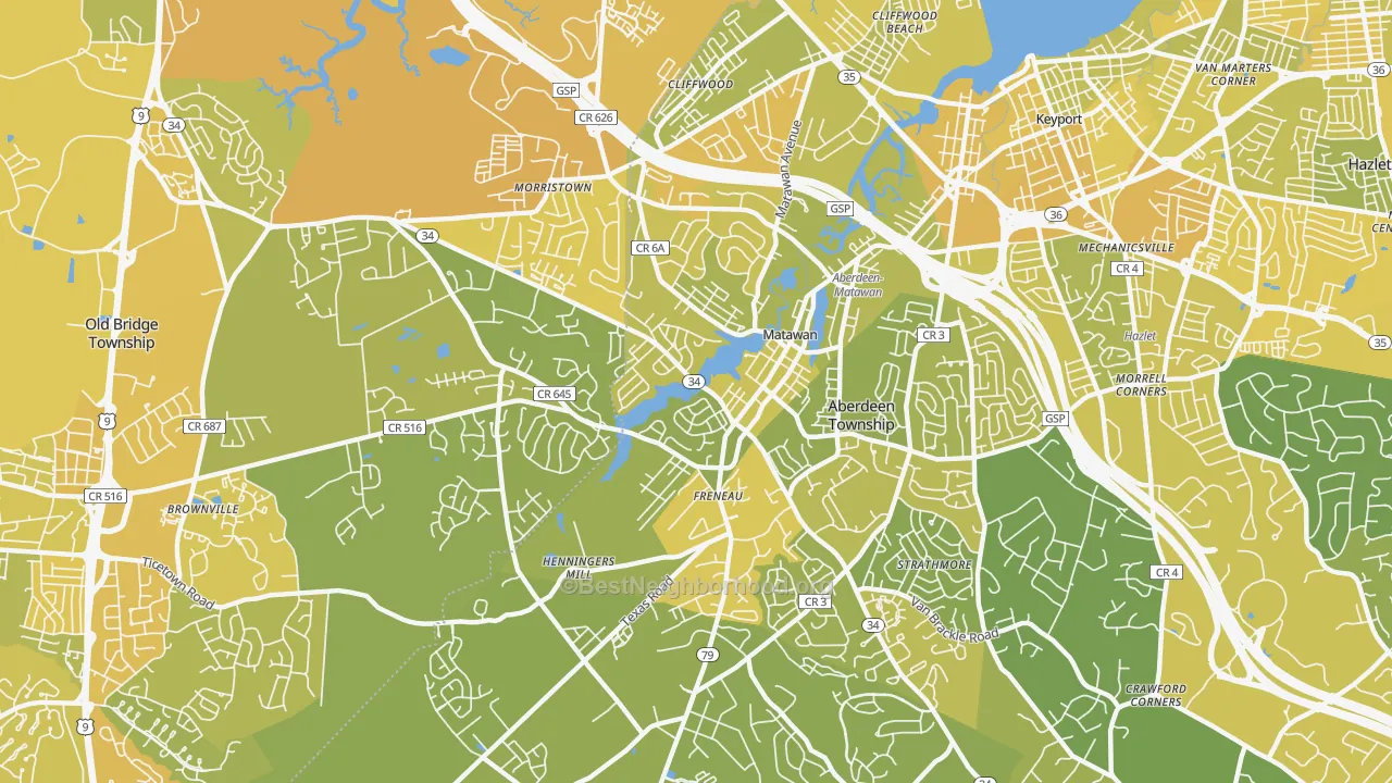 Map of the best neighborhoods in the 07747 area, with better matches in green and worse matches in red