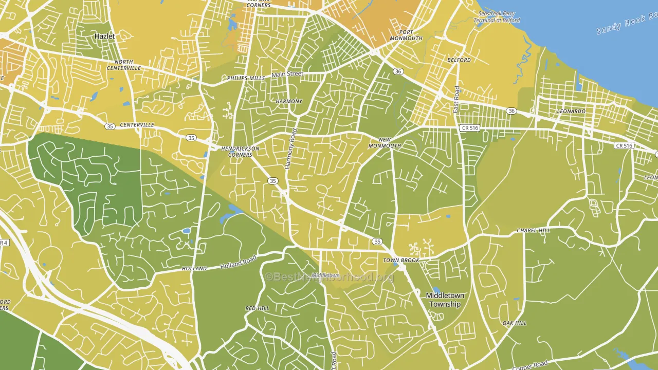 Map of the best neighborhoods in the 07748 area, with better matches in green and worse matches in red