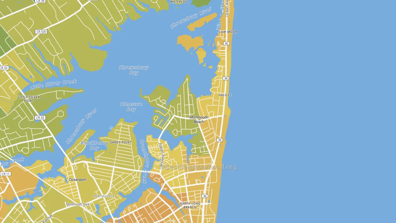 Map of the best neighborhoods in the 07750 area, with better matches in green and worse matches in red