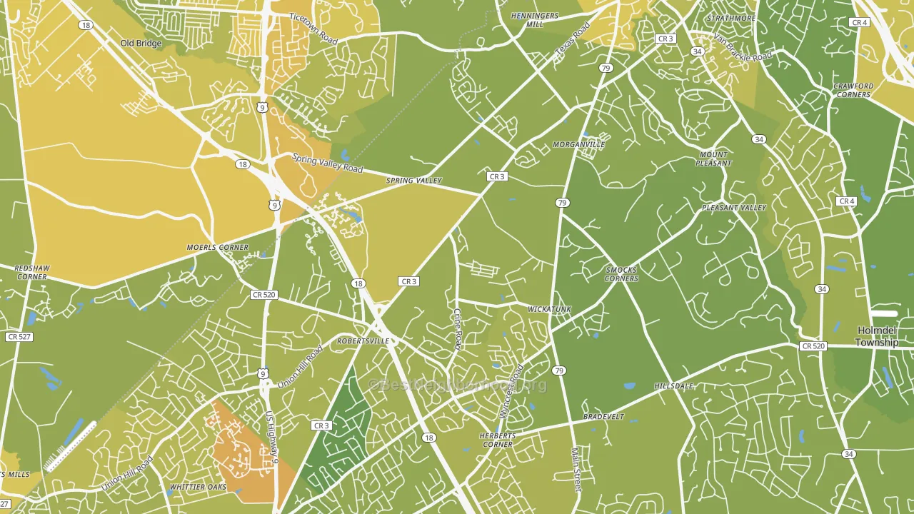 Map of the best neighborhoods in the 07751 area, with better matches in green and worse matches in red