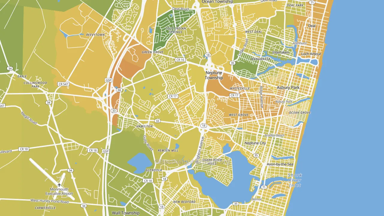 Map of the best neighborhoods in the 07753 area, with better matches in green and worse matches in red