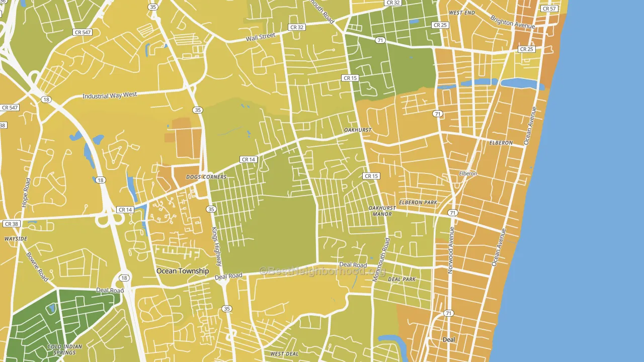 Map of the best neighborhoods in the 07755 area, with better matches in green and worse matches in red
