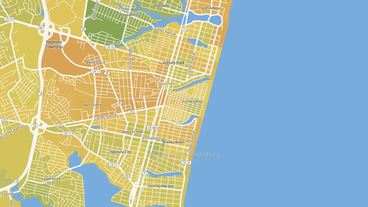 Map of the best neighborhoods in the 07756 area, with better matches in green and worse matches in red