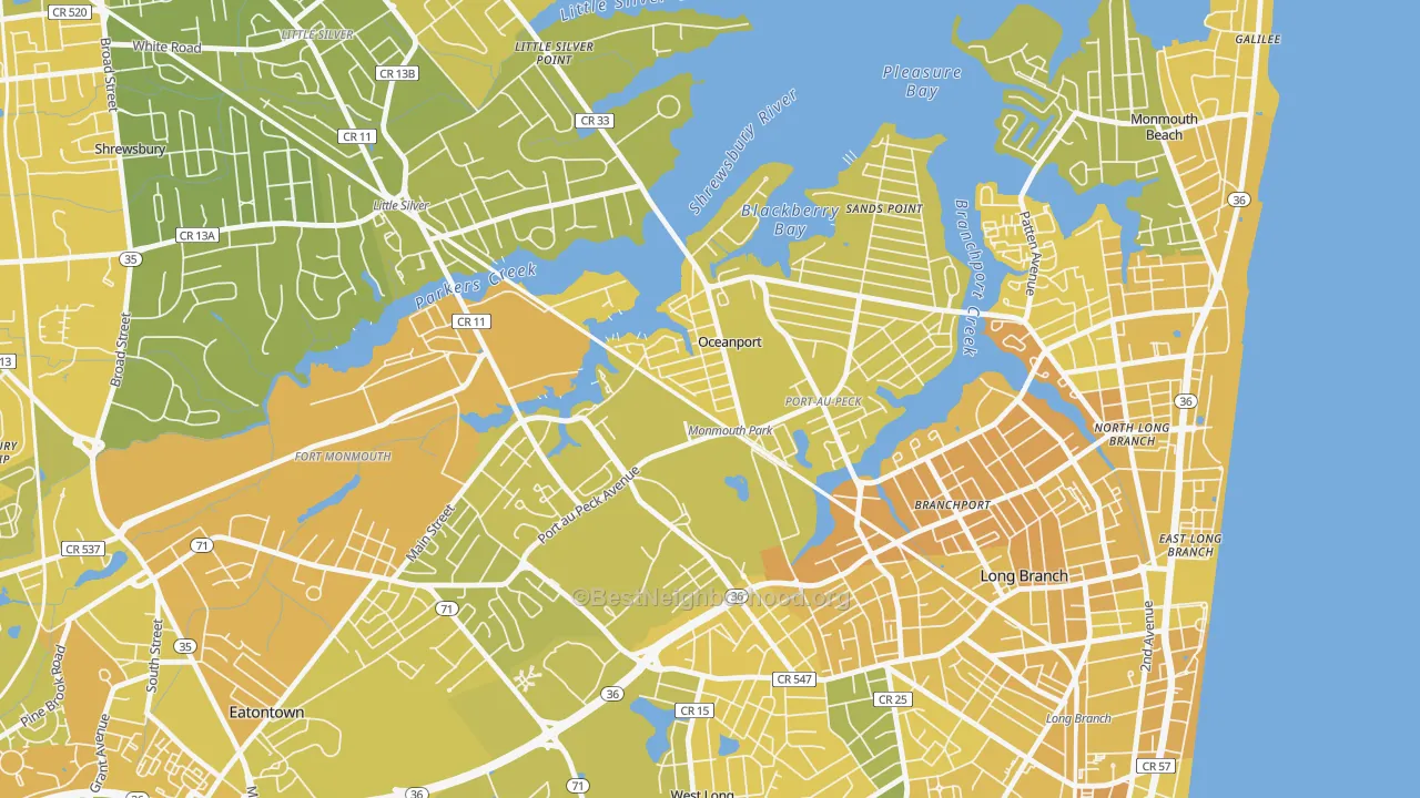 Map of the best neighborhoods in the 07757 area, with better matches in green and worse matches in red
