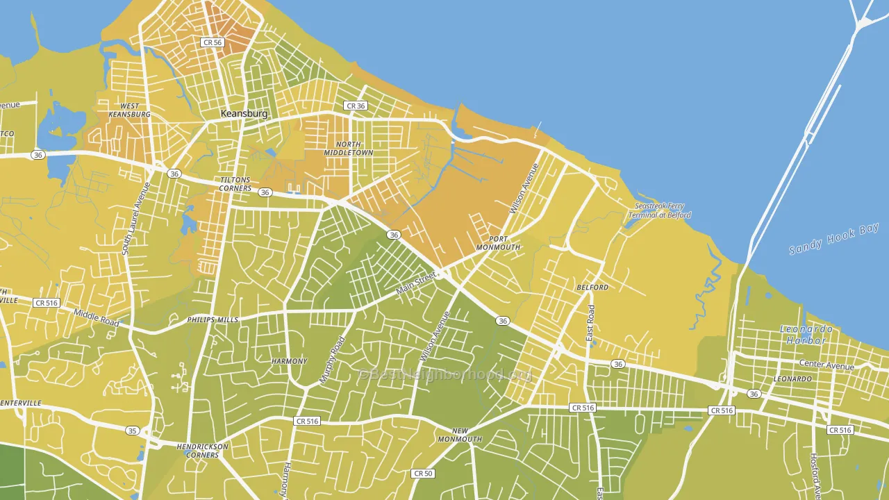 Map of the best neighborhoods in the 07758 area, with better matches in green and worse matches in red