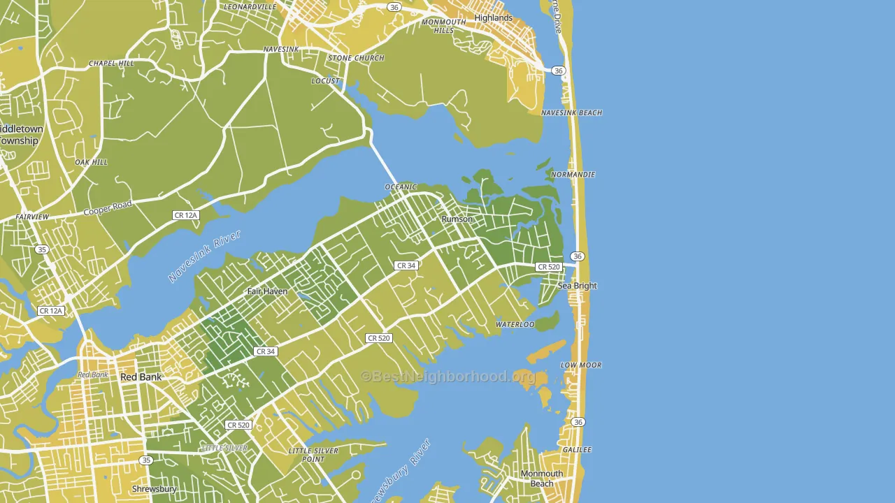Map of the best neighborhoods in the 07760 area, with better matches in green and worse matches in red