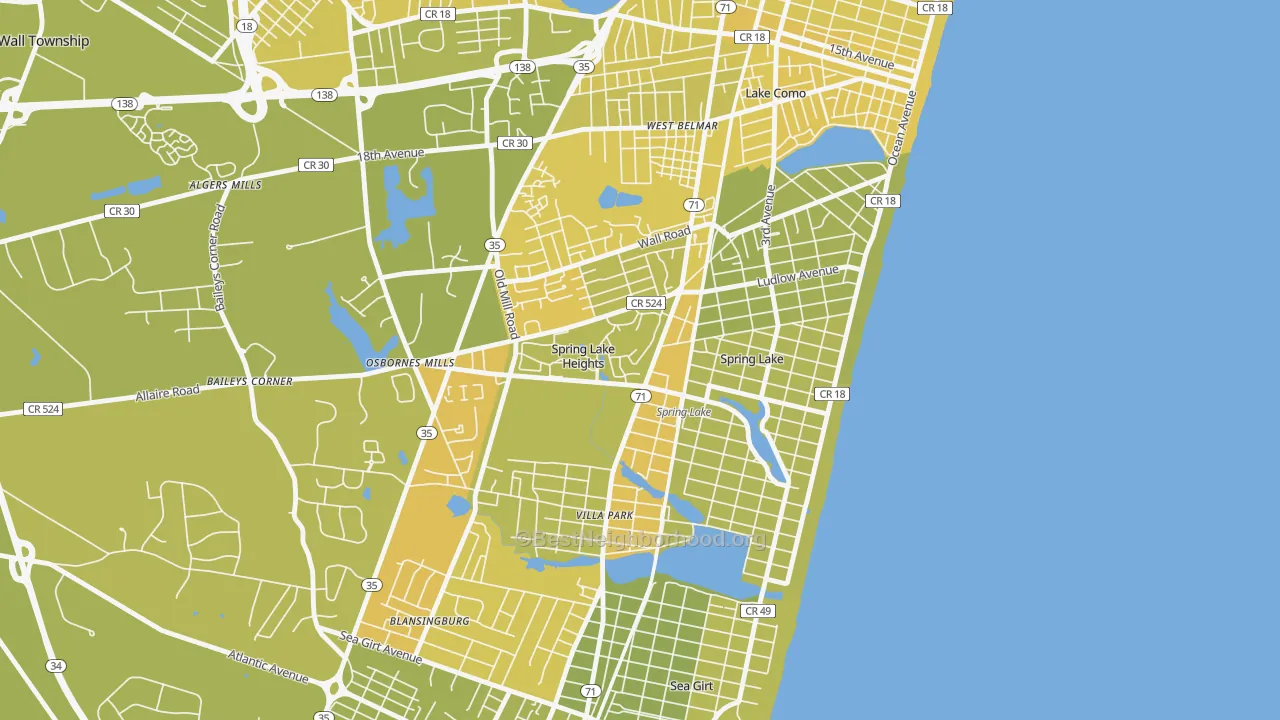 Map of the best neighborhoods in the 07762 area, with better matches in green and worse matches in red
