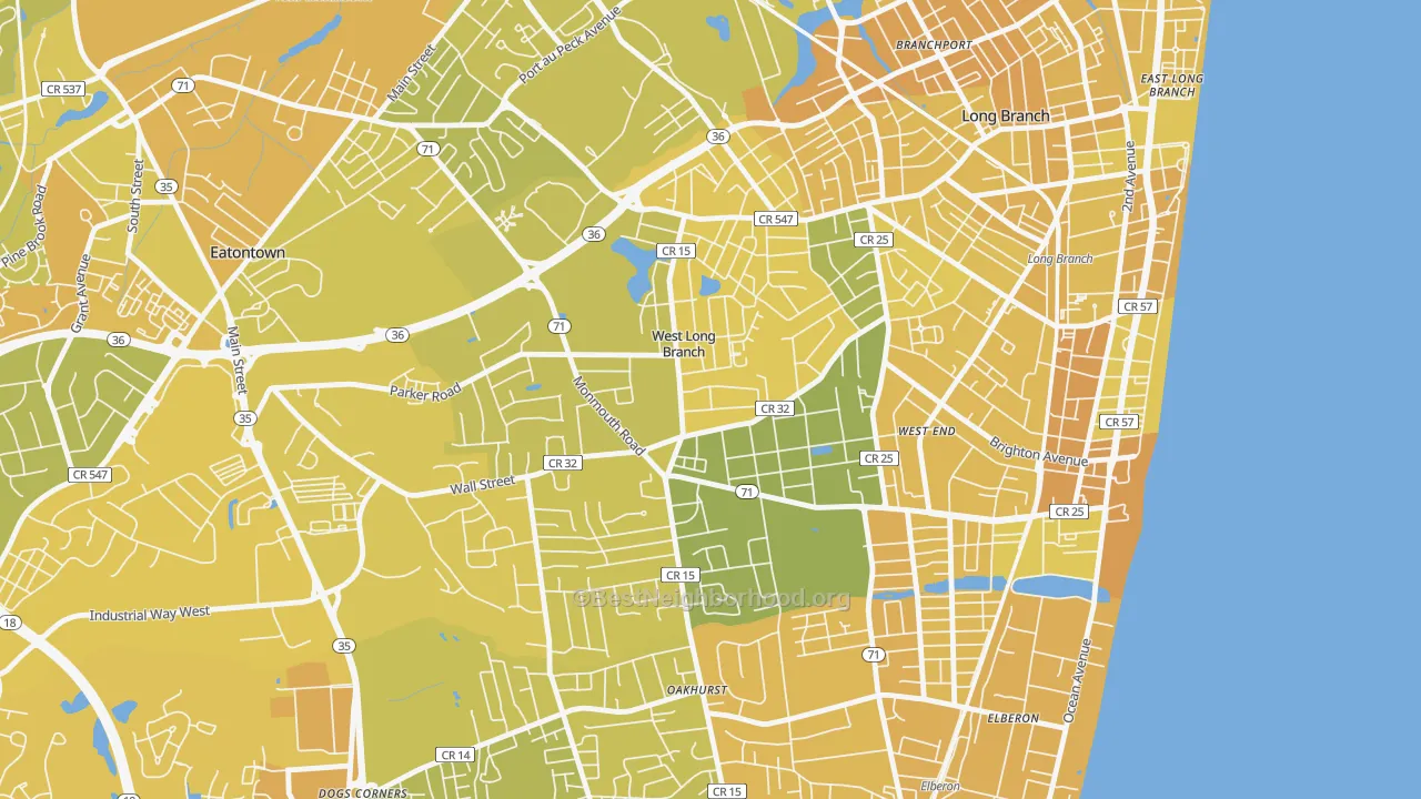 Map of the best neighborhoods in the 07764 area, with better matches in green and worse matches in red