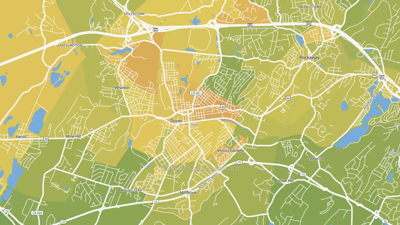 Map of the best neighborhoods in the 07801 area, with better matches in green and worse matches in red