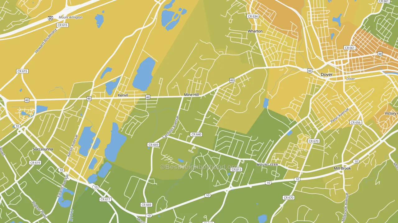 Map of the best neighborhoods in the 07803 area, with better matches in green and worse matches in red