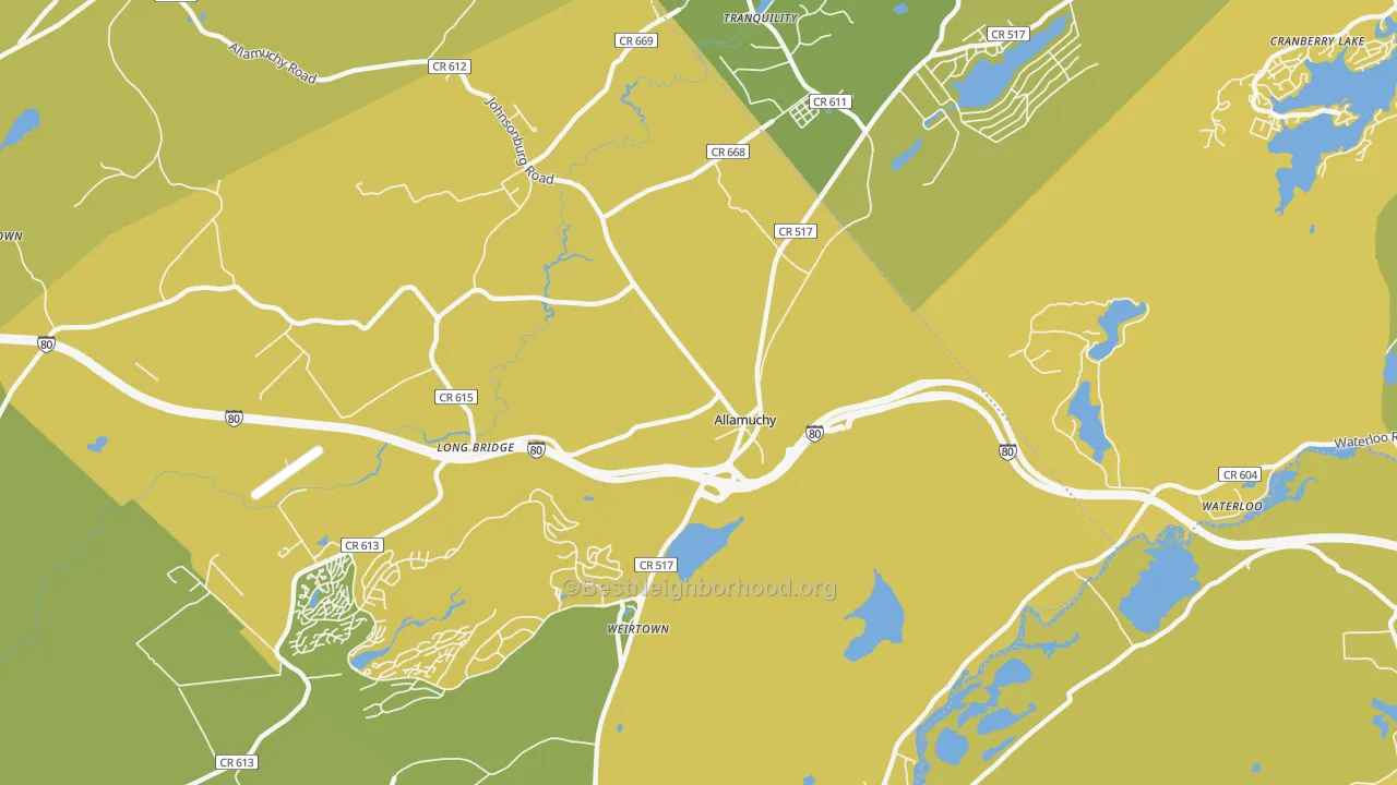 Map of the best neighborhoods in the 07820 area, with better matches in green and worse matches in red