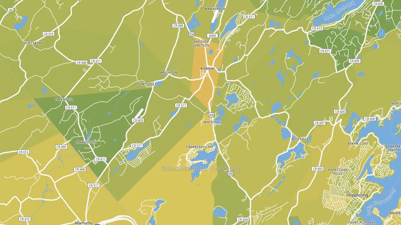 Map of the best neighborhoods in the 07821 area, with better matches in green and worse matches in red