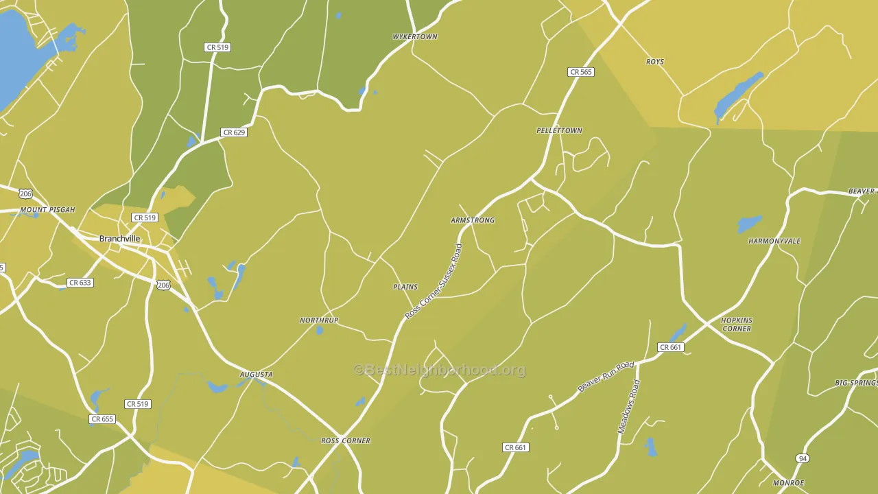 Map of the best neighborhoods in the 07822 area, with better matches in green and worse matches in red