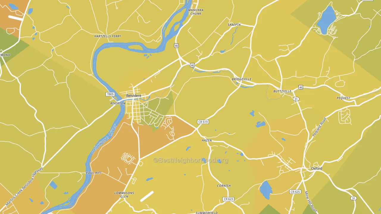 Map of the best neighborhoods in the 07823 area, with better matches in green and worse matches in red