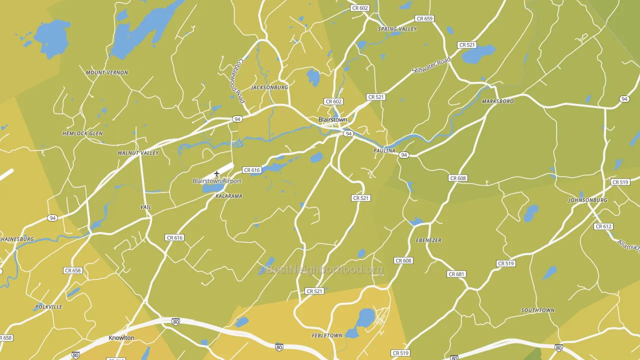 Map of the best neighborhoods in the 07825 area, with better matches in green and worse matches in red