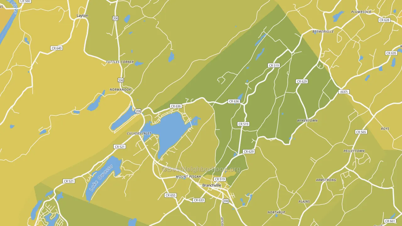 Map of the best neighborhoods in the 07826 area, with better matches in green and worse matches in red