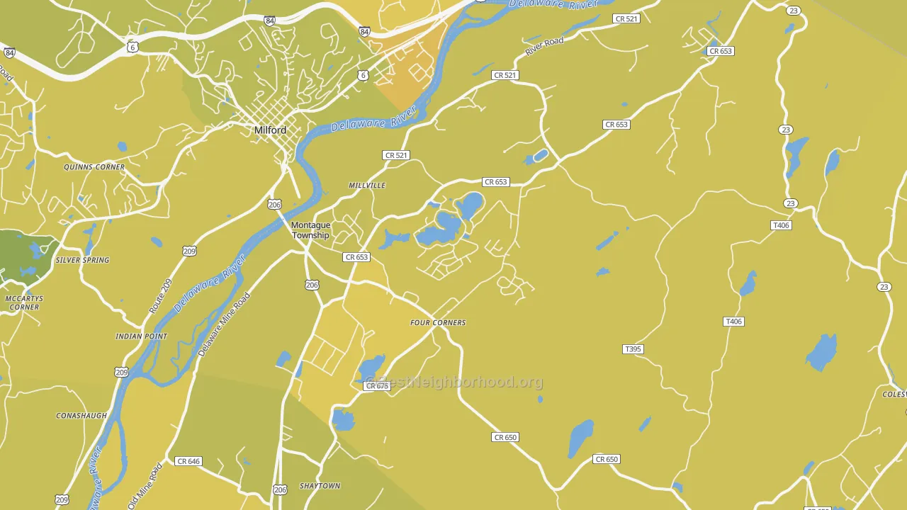 Map of the best neighborhoods in the 07827 area, with better matches in green and worse matches in red