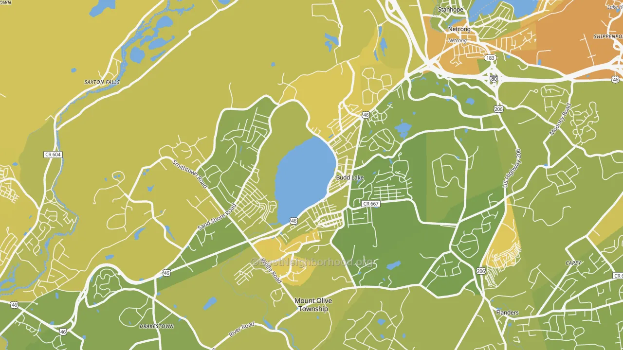 Map of the best neighborhoods in the 07828 area, with better matches in green and worse matches in red