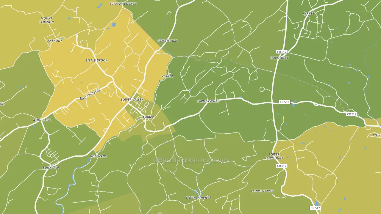 Map of the best neighborhoods in the 07830 area, with better matches in green and worse matches in red