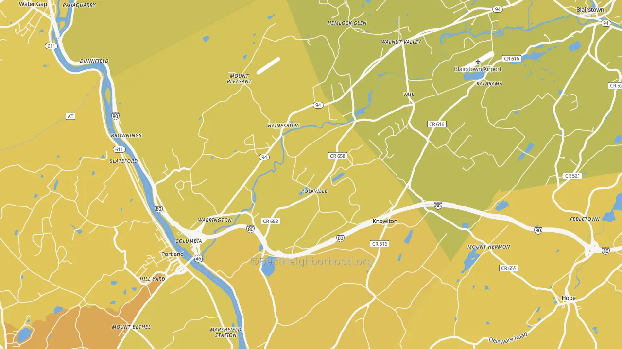 Map of the best neighborhoods in the 07832 area, with better matches in green and worse matches in red