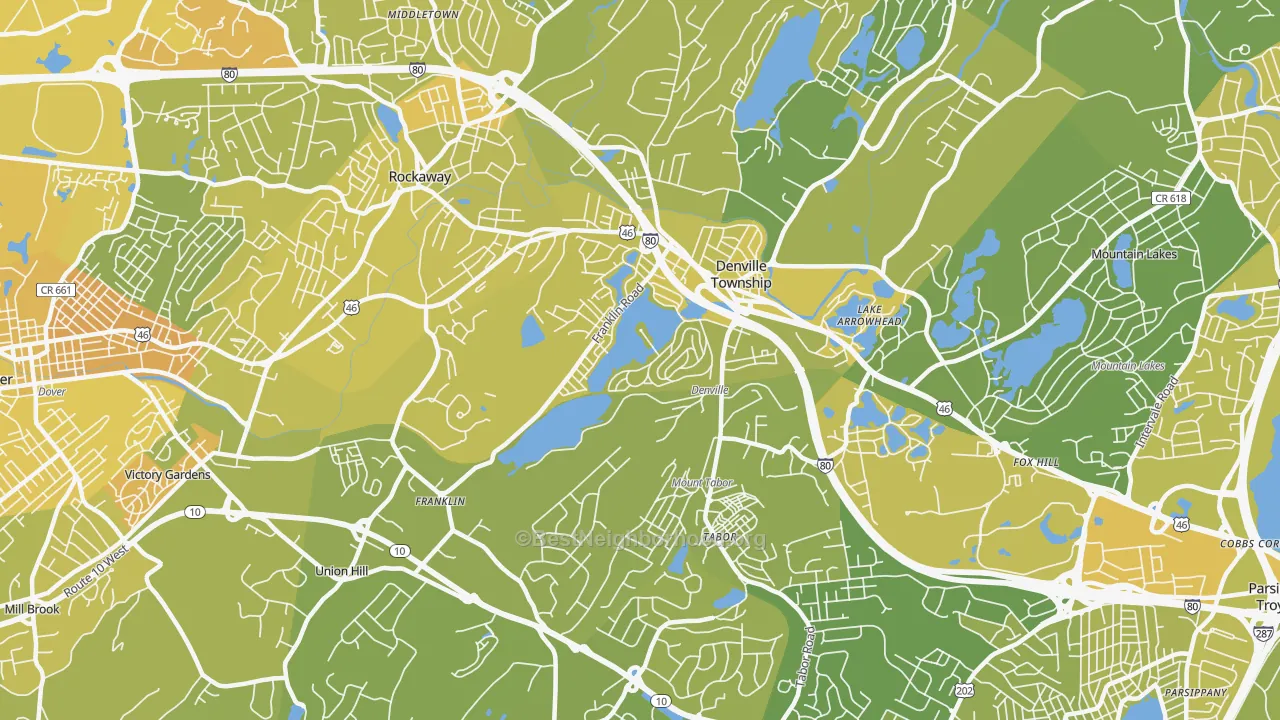 Map of the best neighborhoods in the 07834 area, with better matches in green and worse matches in red