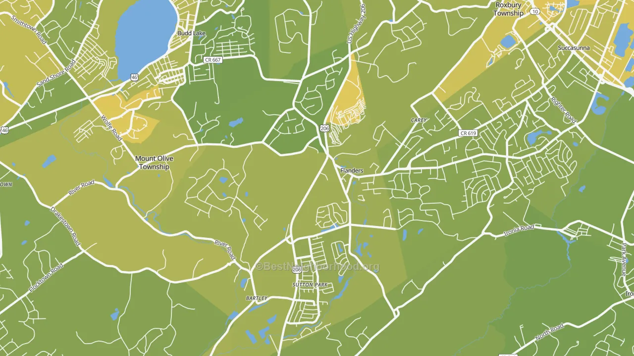 Map of the best neighborhoods in the 07836 area, with better matches in green and worse matches in red